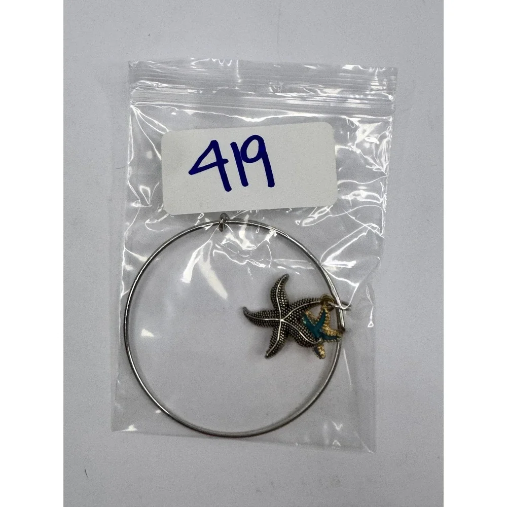 Silver Starfish Expandable Bangle Bracelet Turquoise Enamel Nautical Charm Beach